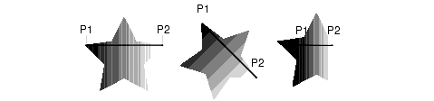 この図が示す 3 つの星型のうち、最初の星型は水平グラデーションを示し、2 番目の星型は傾斜した星型とグラデーションを示し、最後の星型は星型の内側にあるグラデーションポイントを示しています