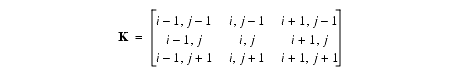 3 × 3 の行列。最初の行の値は、i - 1、j - 1、i、j - 1、および i + 1、j - 1 です。2 番目の行の値は、i - 1、j、i、j、および i + 1、j です。3 番目の行の値は、i - 1、j + 1、i、j + 1、および i + 1、j + 1 です。