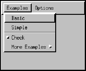Basic、Simple、Check、およびMore Examplesという項目を含むExamplesというラベルの付いたメニュー。Check項目はオフ状態のCheckBoxMenuItemインスタンス。