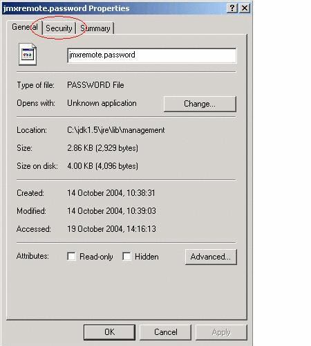 jmxremote.password ファイルのプロパティー表示